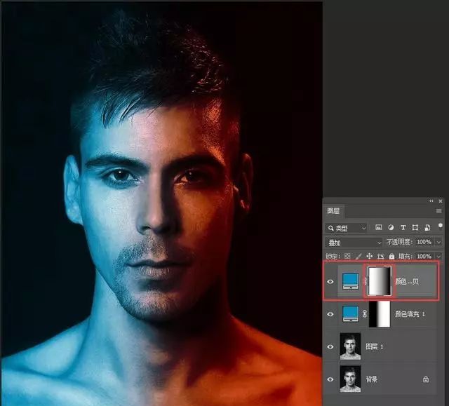 创意照片，在PS用渐变工具和图层混合模式制作红蓝人像照片(12)