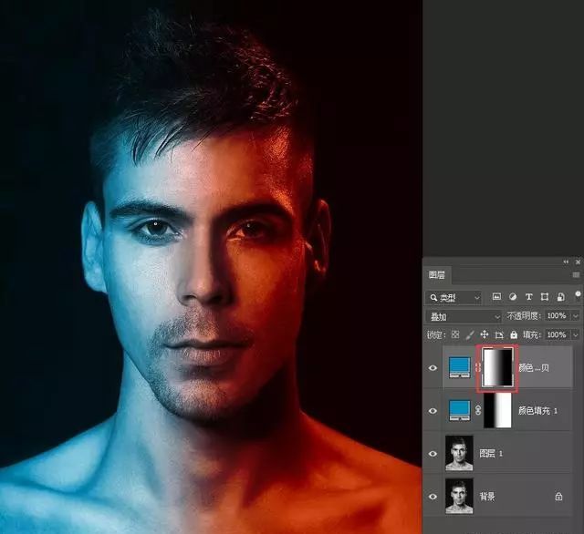 创意照片，在PS用渐变工具和图层混合模式制作红蓝人像照片(13)