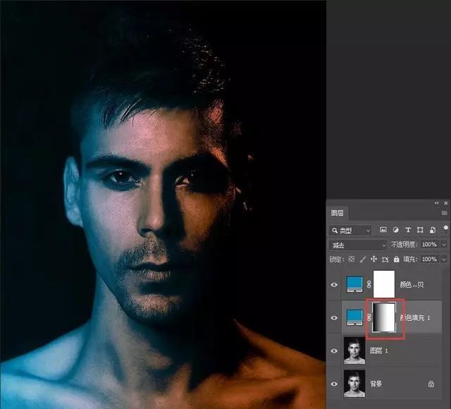 创意照片，在PS用渐变工具和图层混合模式制作红蓝人像照片(10)