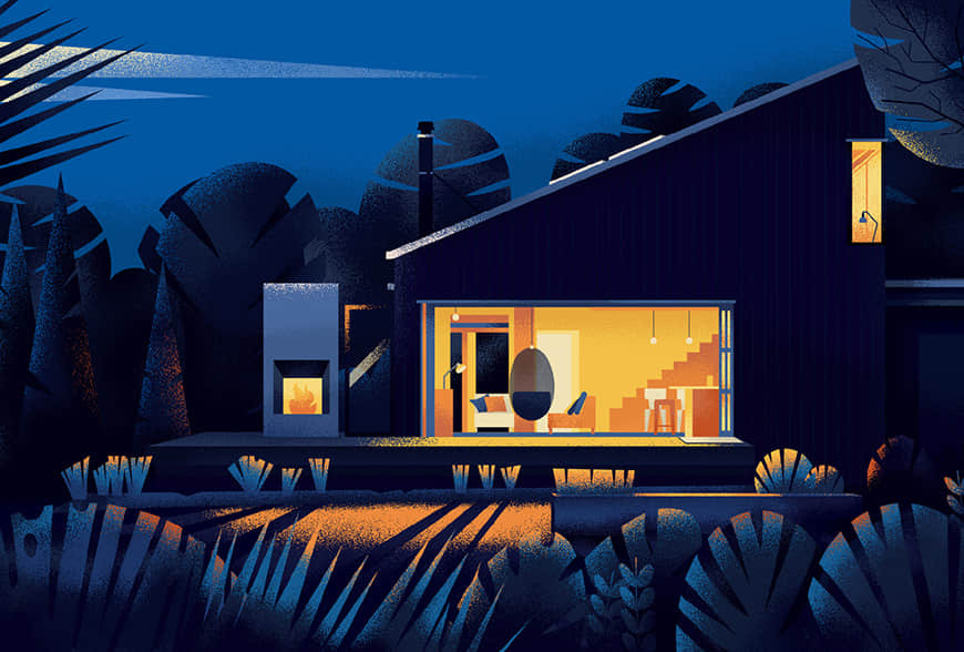 AI+PS绘制静谧夜晚下温暖的庭院插画