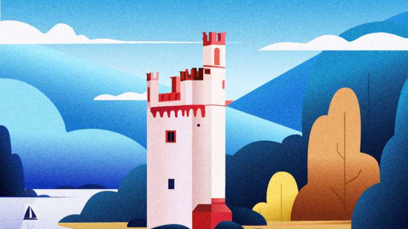 AI绘制渐变色噪点质感城堡场景插画