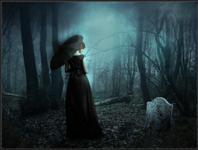 ps合成在黑暗森林漫步的黑衣女人(43)