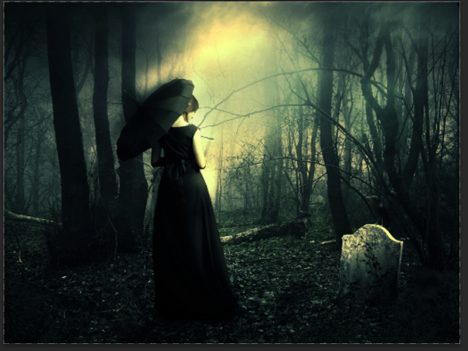 ps合成在黑暗森林漫步的黑衣女人(54)
