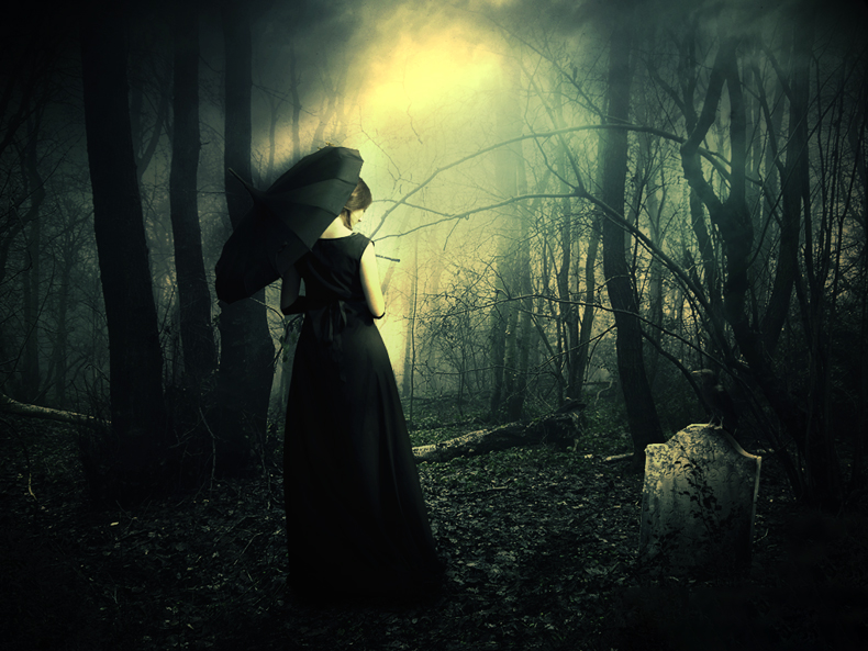 ps合成在黑暗森林漫步的黑衣女人