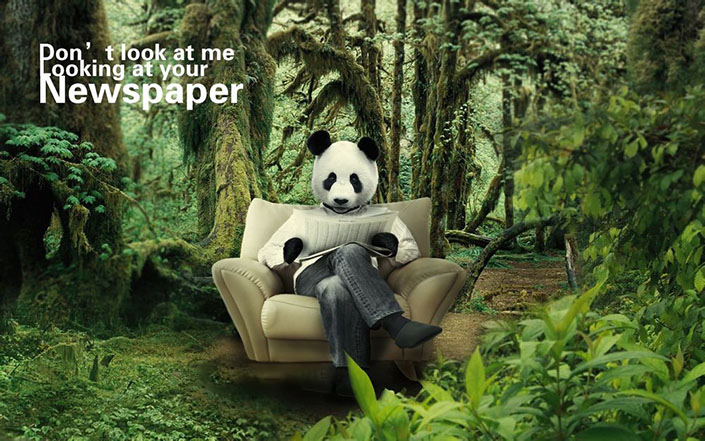 ps合成在读报纸的熊猫人场景